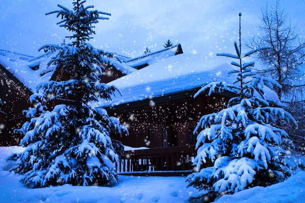 En sagolik hus i skogen mitt i de snötäckta granarna — Stockfoto