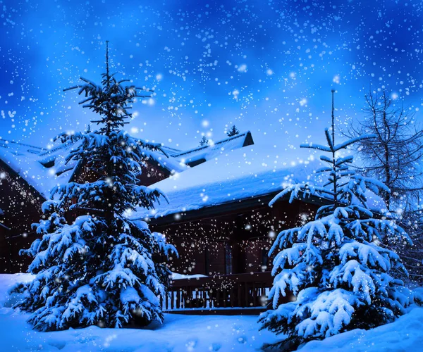 Een sprookjesachtige huis in het bos te midden van de met sneeuw bedekte sparren — Stockfoto