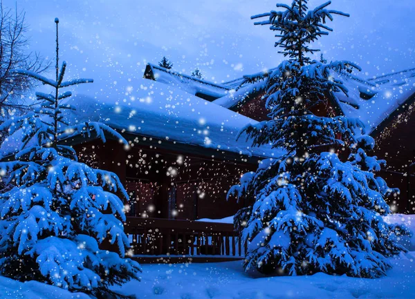 Ein Märchenhaus im Wald inmitten der schneebedeckten Tannen — Stockfoto