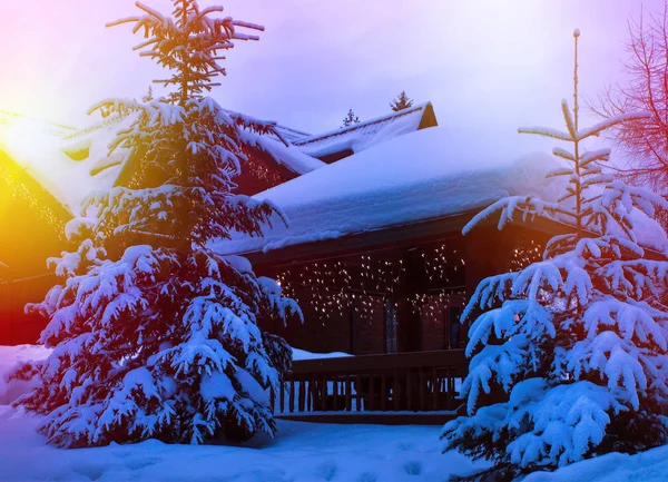 在冰雪覆盖的冷杉树林里的童话房子 — 图库照片