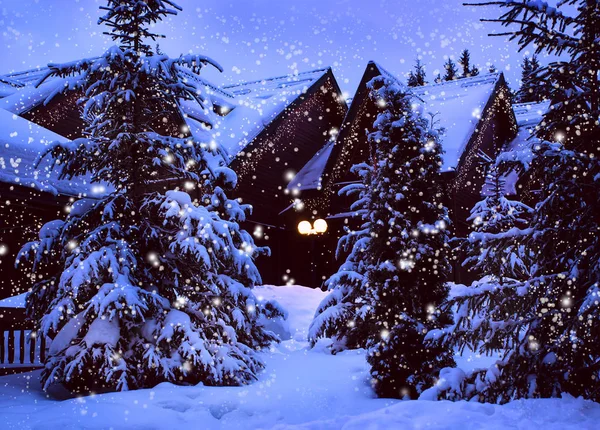 Ein Märchenhaus im Wald inmitten der schneebedeckten Tannen — Stockfoto