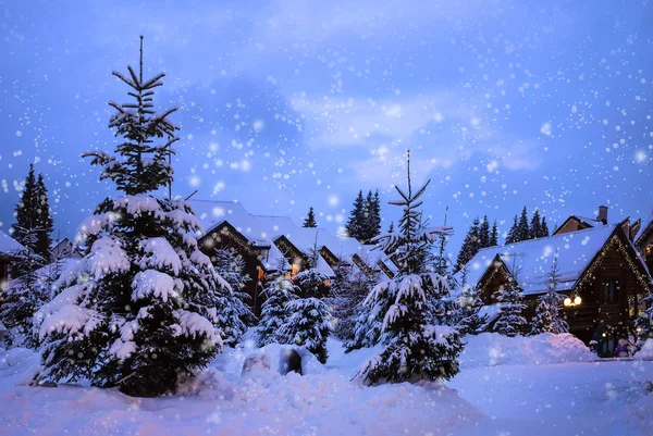 Una casa da favola nel bosco tra gli abeti innevati — Foto Stock