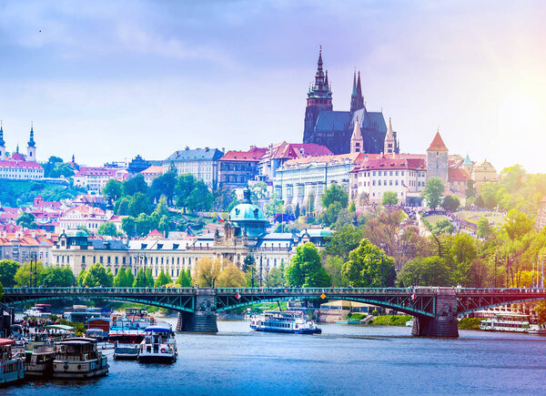 Panoramic view on Prague with Vltava river of the Czech Republic, the European state.