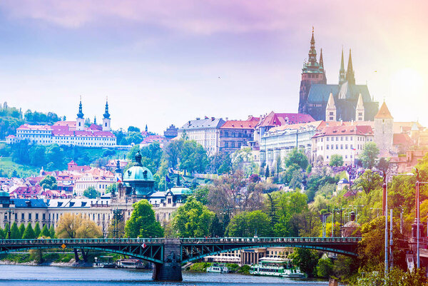 Famous Charles bridge with historical sights of Prague
