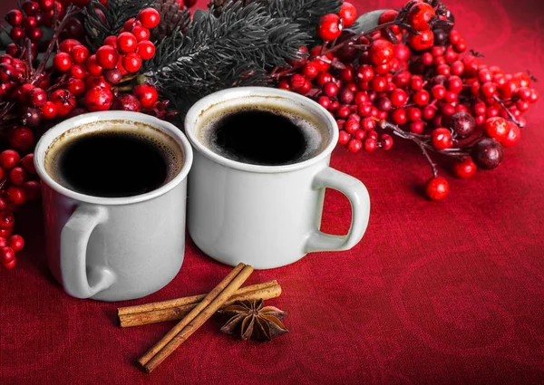 Cups Fragrant Coffee Fir Tre Branches Aroma Spices Berries Copy — Stock Photo, Image