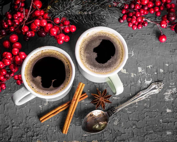 Cups Fragrant Coffee Fir Tree Branches Aroma Spices Berries Copy — Stock Photo, Image