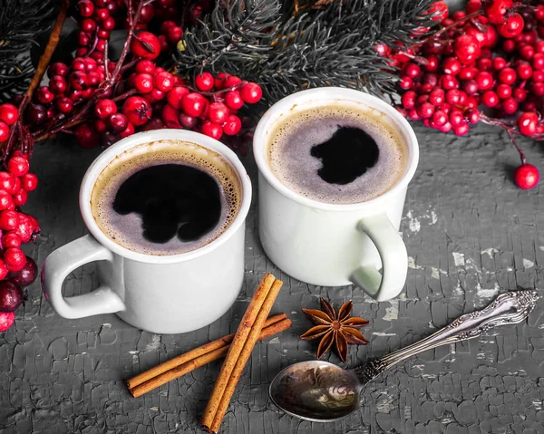 Cups Fragrant Coffee Fir Tree Branches Aroma Spices Berries Copy — Stock Photo, Image