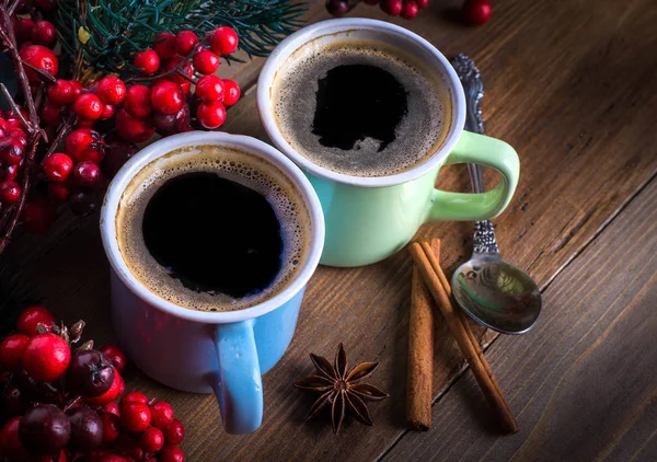 Cups Fragrant Coffee Fir Tree Branches Aroma Spices Berries Copy — Stock Photo, Image