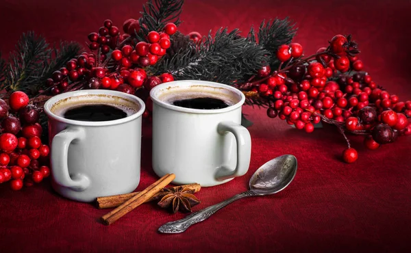 Cups Fragrant Coffee Fir Tree Branches Aroma Spices Berries Copy — Stock Photo, Image