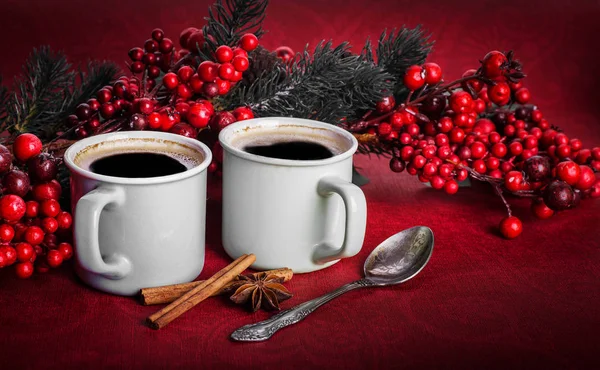 Cups Fragrant Coffee Fir Tree Branches Aroma Spices Berries Copy — Stock Photo, Image