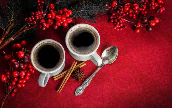 Cups Fragrant Coffee Fir Tree Branches Aroma Spices Berries Copy — Stock Photo, Image