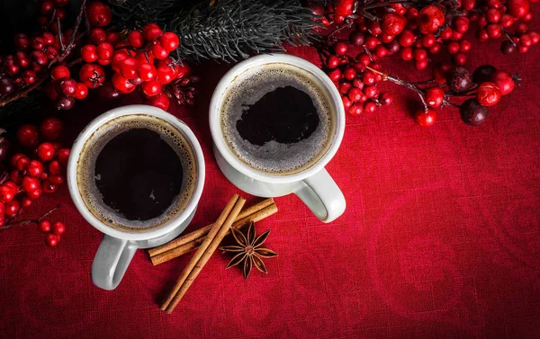 Csésze Illatos Kávé Fenyő Ágai Fűszerek Aromája Bogyók Másol Hely — Stock Fotó