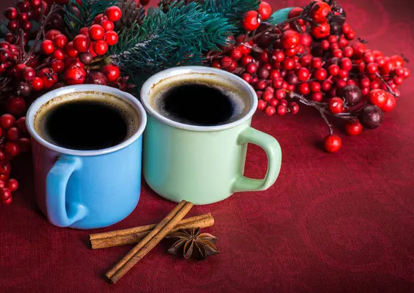 Cups Fragrant Coffee Fir Tree Branches Aroma Spices Berries Copy — Stock Photo, Image