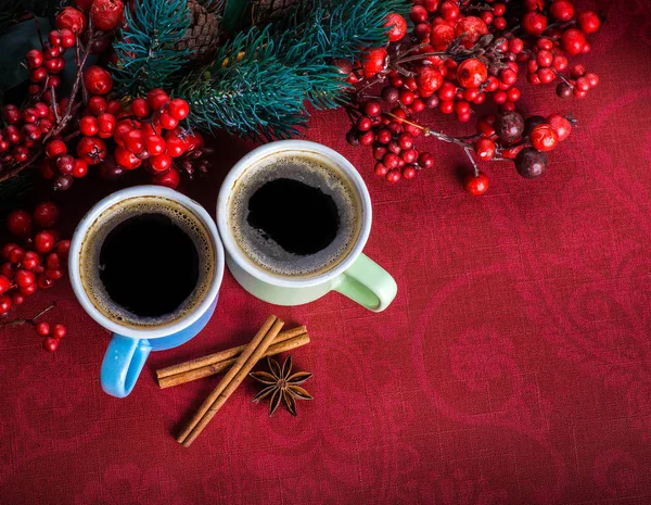 Cups Fragrant Coffee Fir Tree Branches Aroma Spices Berries Copy — Stock Photo, Image