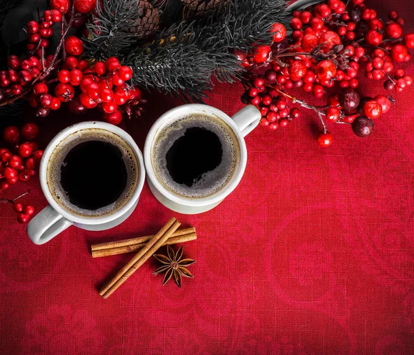 Cups Fragrant Coffee Fir Tree Branches Aroma Spices Berries Copy — Stock Photo, Image