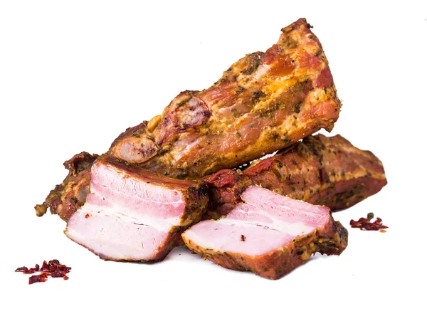 Fatias Carne Porco Defumada Isoladas Fundo Branco — Fotografia de Stock