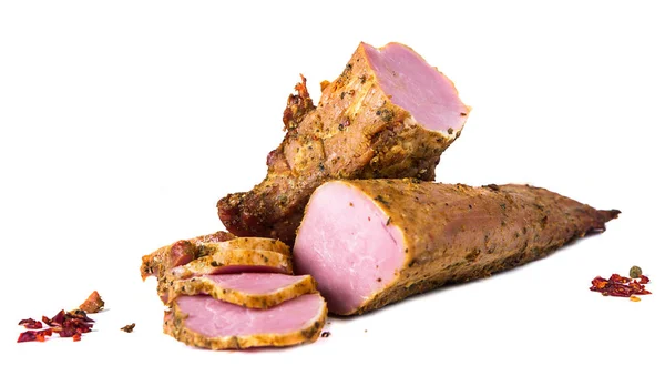 Fatias Carne Porco Defumada Isoladas Fundo Branco — Fotografia de Stock