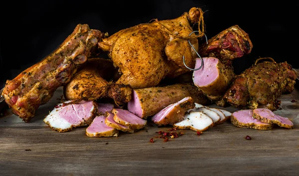 Coleção Carne Porco Frango Fundo Madeira — Fotografia de Stock