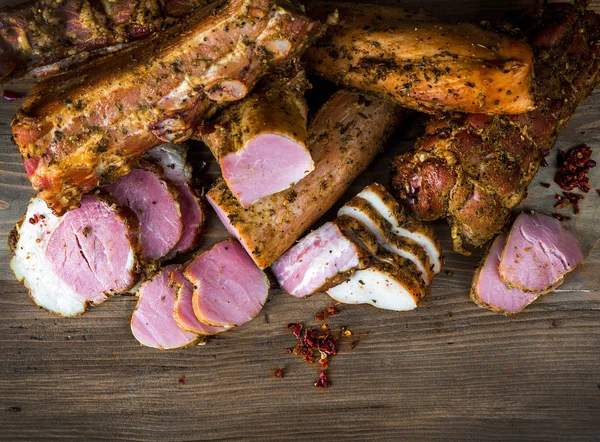 Coleção Carne Porco Frango Fundo Madeira — Fotografia de Stock