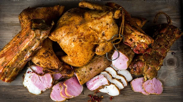 Coleção Carne Porco Frango Fundo Madeira — Fotografia de Stock