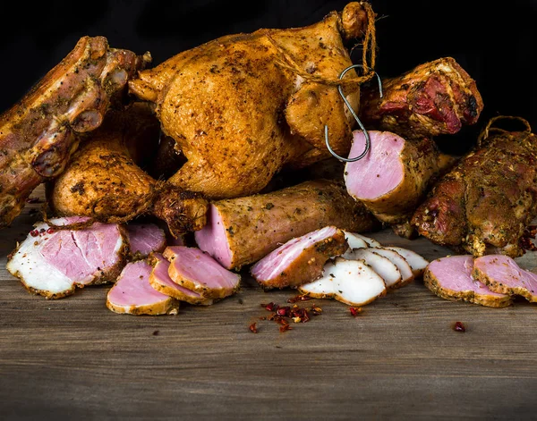 Coleção Carne Porco Frango Fundo Madeira — Fotografia de Stock