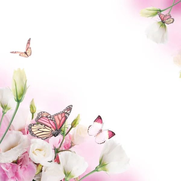 Bukett Fantastiska Prärieklocka Bakgrund Blå Himmel Med Färgglada Fjärilar Blommor — Stockfoto