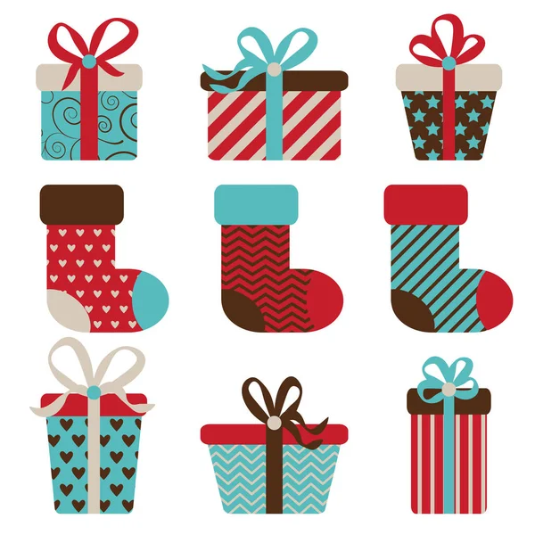 Vector set of gift boxes and christmas socks — Stock Vector