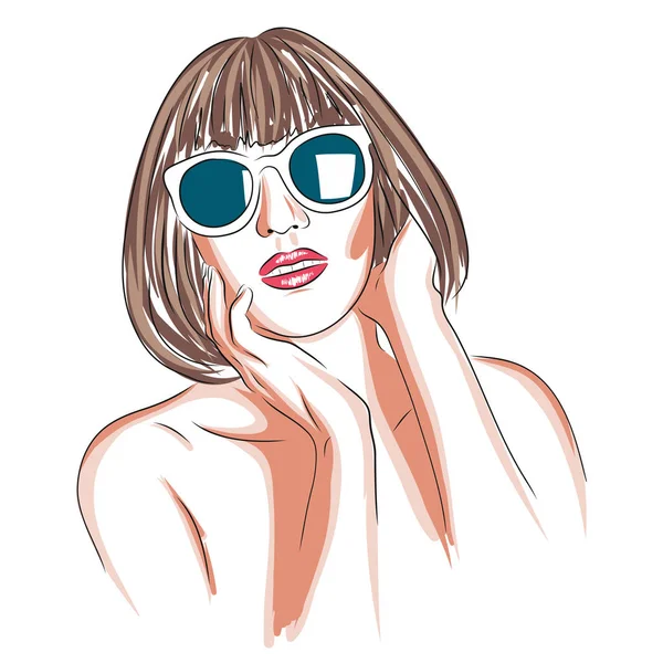 Ilustração vetorial de mulher bonita vestindo óculos de sol brancos — Vetor de Stock