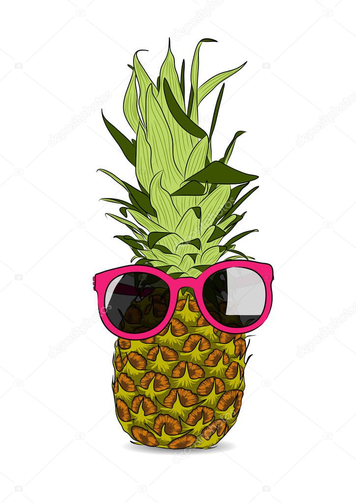 vector illustration of hand-drawn pineapple wearing sunglasses