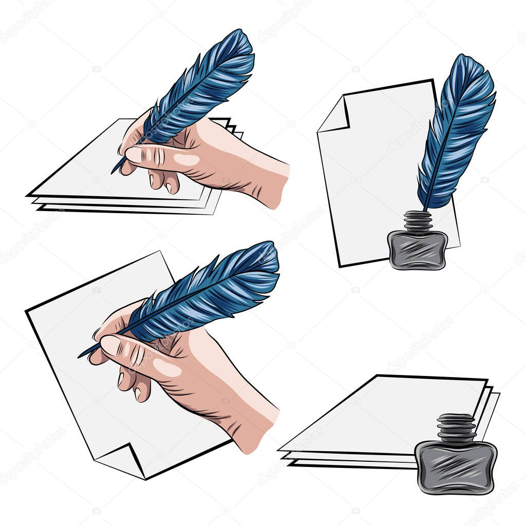 vector illustrations of hand holding feather pen aand inkpot