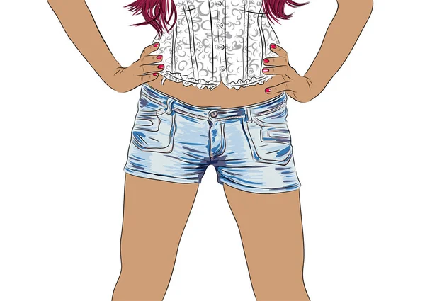 Ilustracja wektorowa z kobieta ubrana w dżinsy szorty i gorset — Wektor stockowy