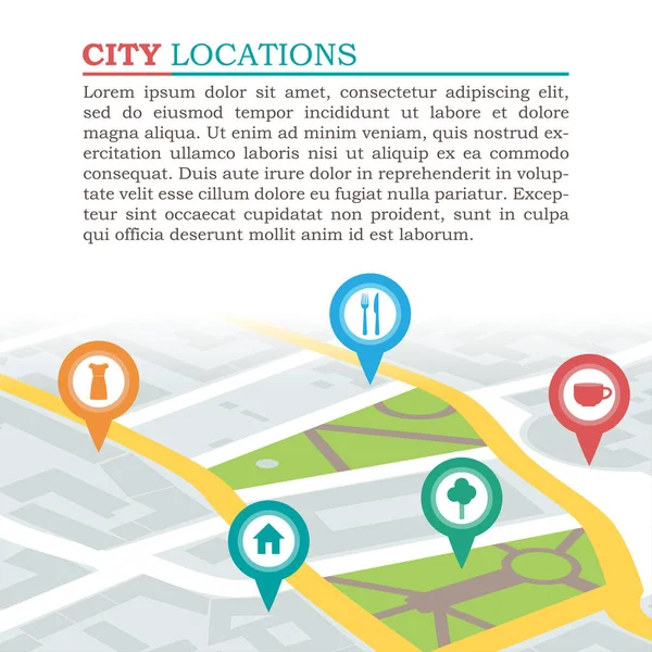 Ilustrasi vektor dari peta kota dengan lokasi - Stok Vektor