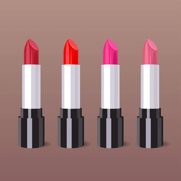Vier lippenstiften in verschillende kleuren — Stockvector