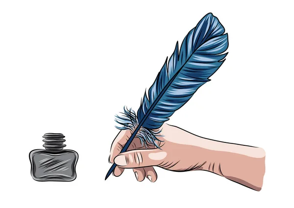 Hand som håller fjädern penna — Stock vektor