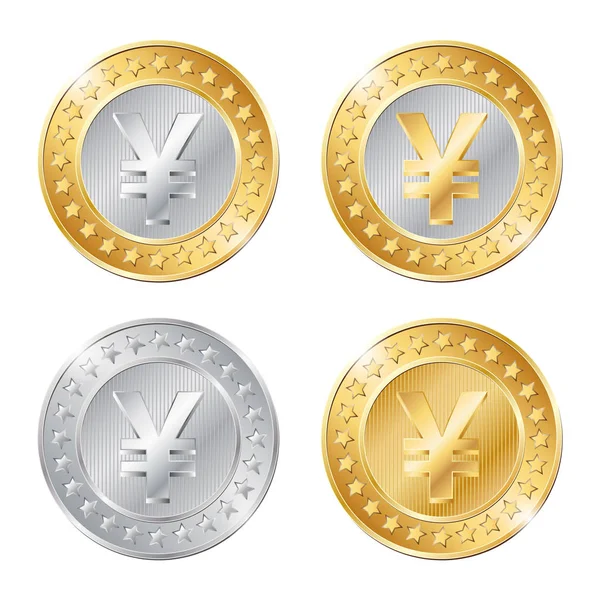 Four coins with yen sign — Stock Vector