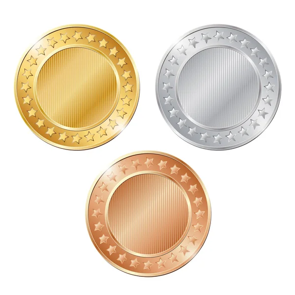 Tres monedas en blanco — Vector de stock