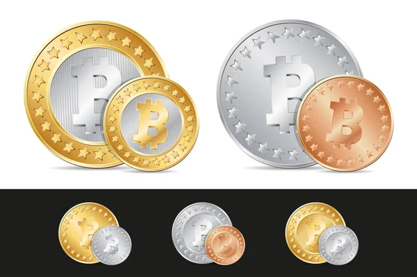 Gold-, Silber- und Bronze-Bitcoin-Münzen — Stockvektor