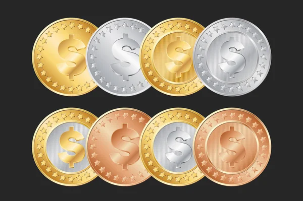 Monedas de oro, plata y bronce — Vector de stock