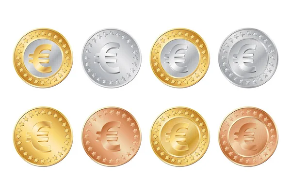 Moedas de ouro, prata e bronze em euros — Vetor de Stock