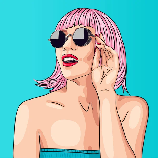 Mujer con peluca rosa y gafas de sol — Vector de stock