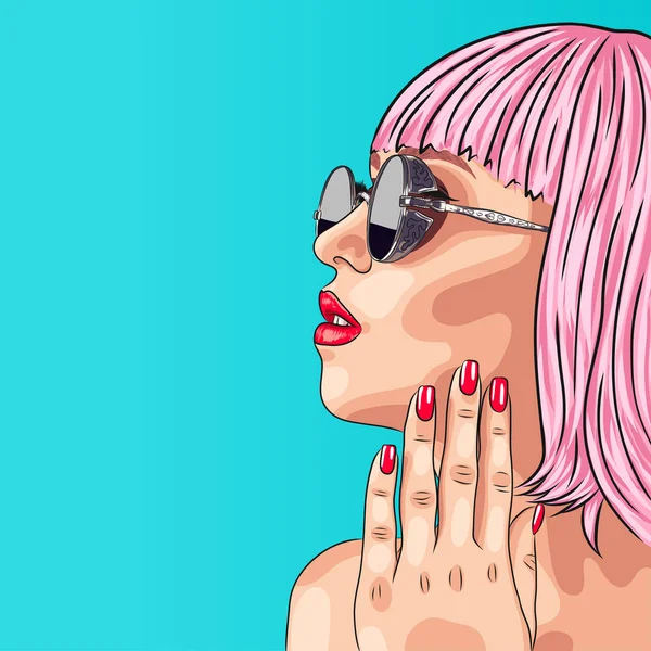 Mujer con peluca rosa y gafas de sol — Vector de stock