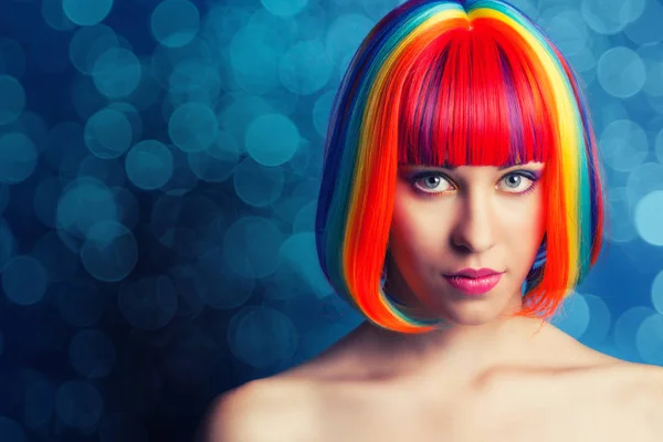 Woman wearing colorful wig — Stock Photo, Image