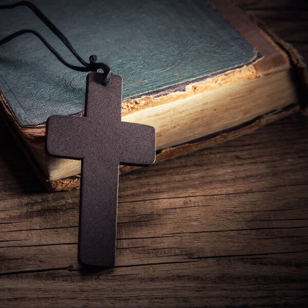 Closeup of wooden Christian cross 