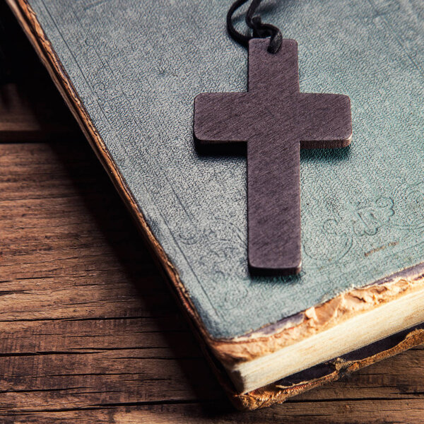 Closeup of wooden Christian cross 