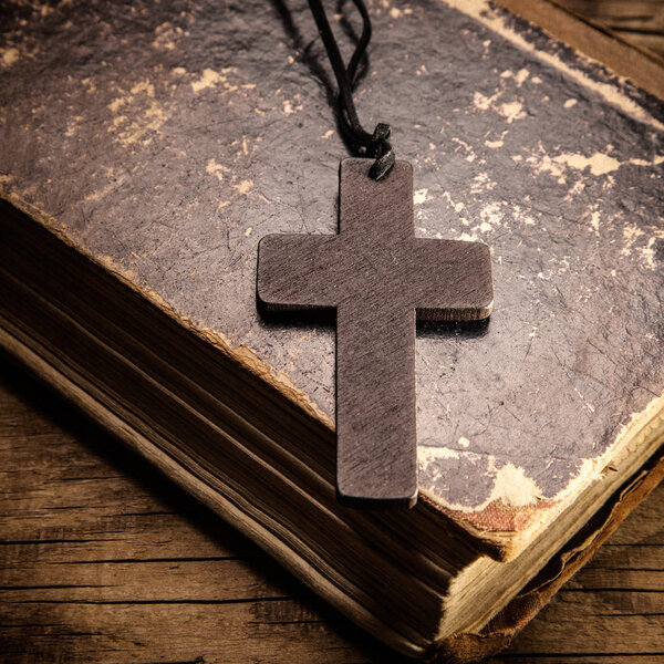 Closeup of wooden Christian cross 