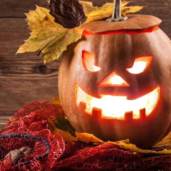 Jack-o-lantern arka plan üzerinde yaprakları ile