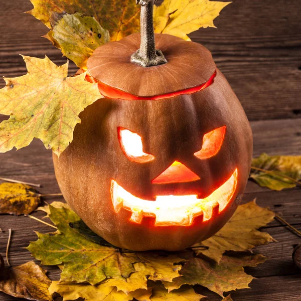 Jack-o-lantern arka plan üzerinde yaprakları ile