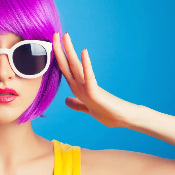 Beautiful Woman Wearing Colorful Wig Blue Background — Stock Photo, Image