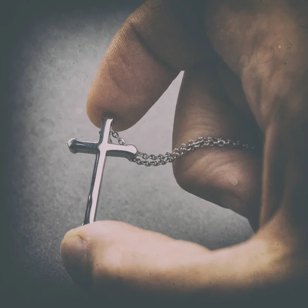 Silver Cross Hand Close View — Stock Photo, Image