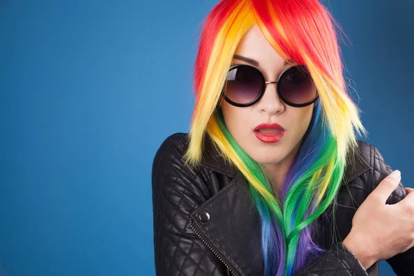 Beautiful Young Woman Wearing Color Wig Sunglasses Blue Background — Stock Photo, Image